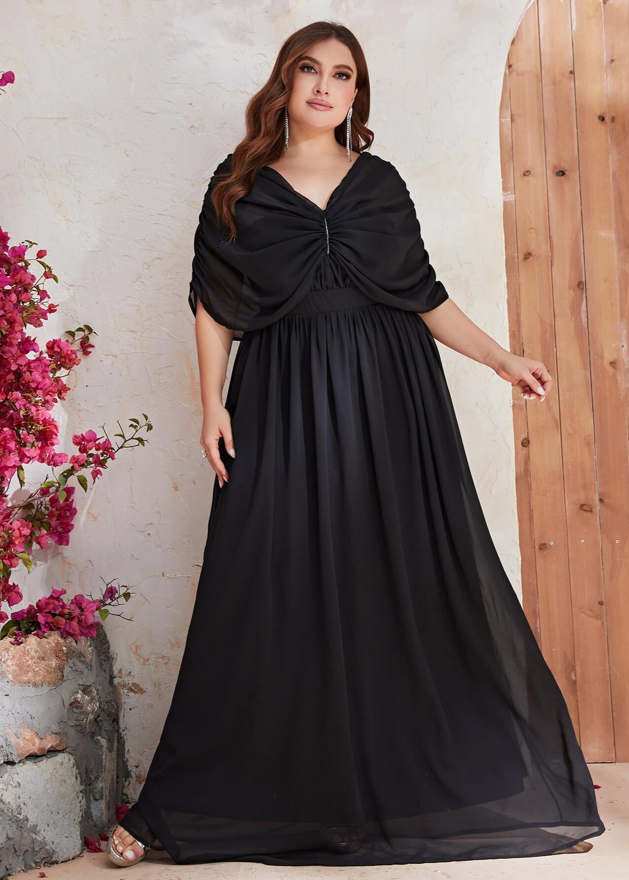 Plus size black chiffon shoulder evening dress