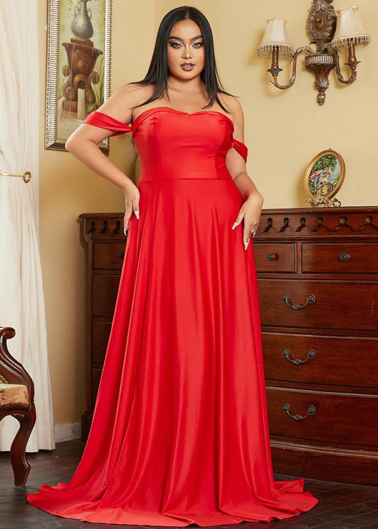 Plus-size Radiant Red Off-Shoulder Flowing Gown