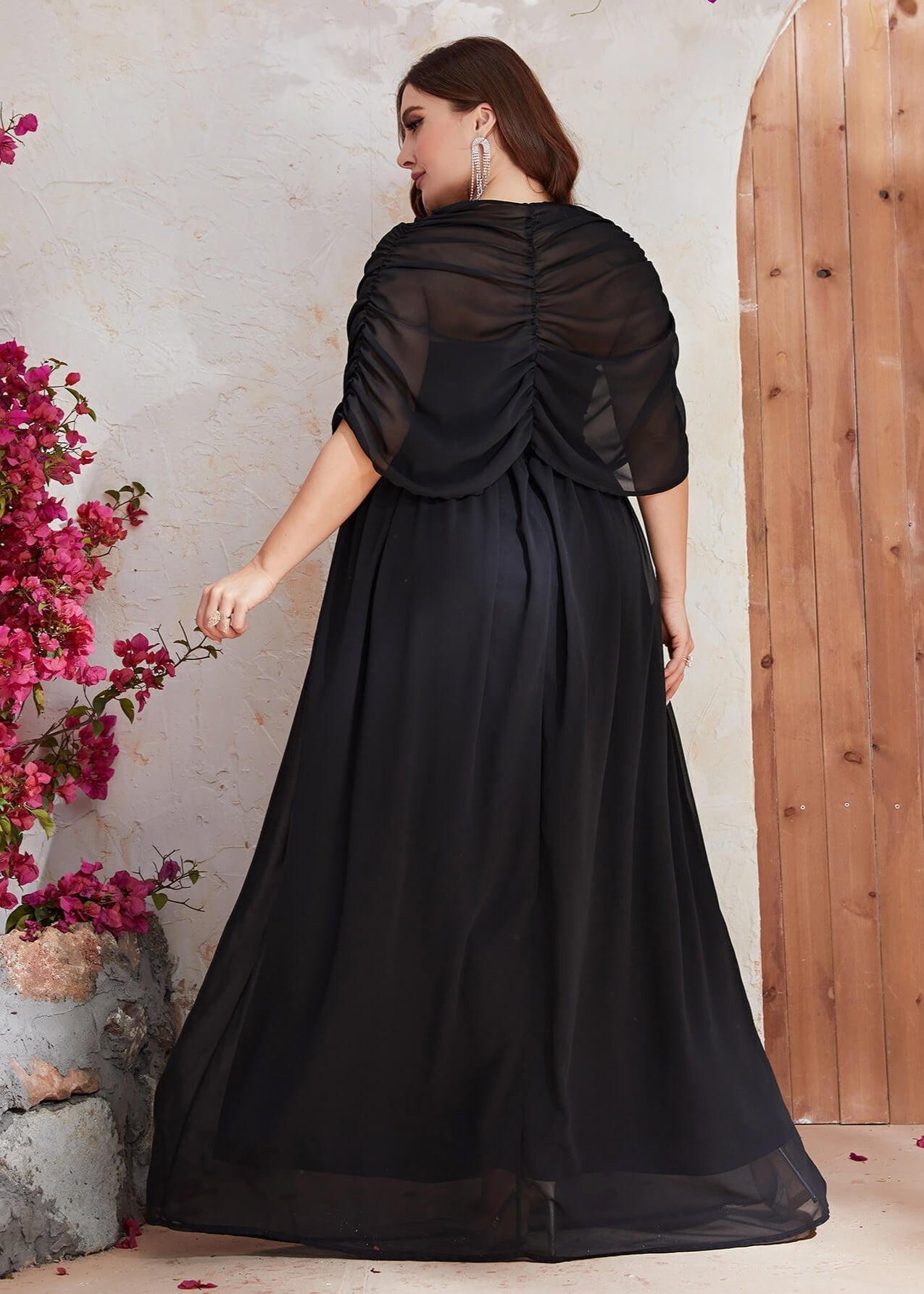 Plus size black chiffon shoulder evening dress