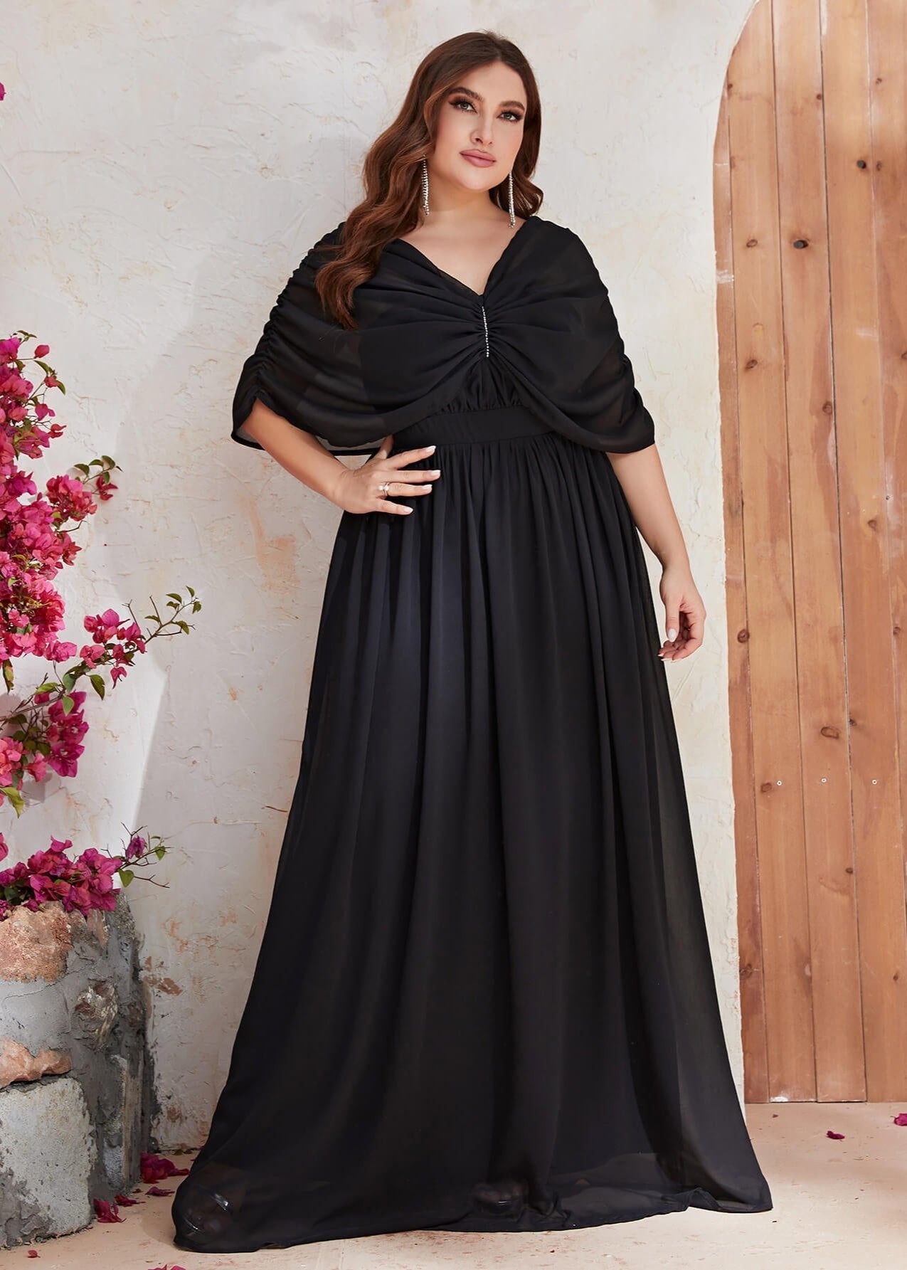 Plus size black chiffon shoulder evening dress