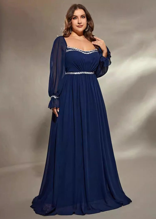 Regal Navy Flow Plus-Size Evening Gown