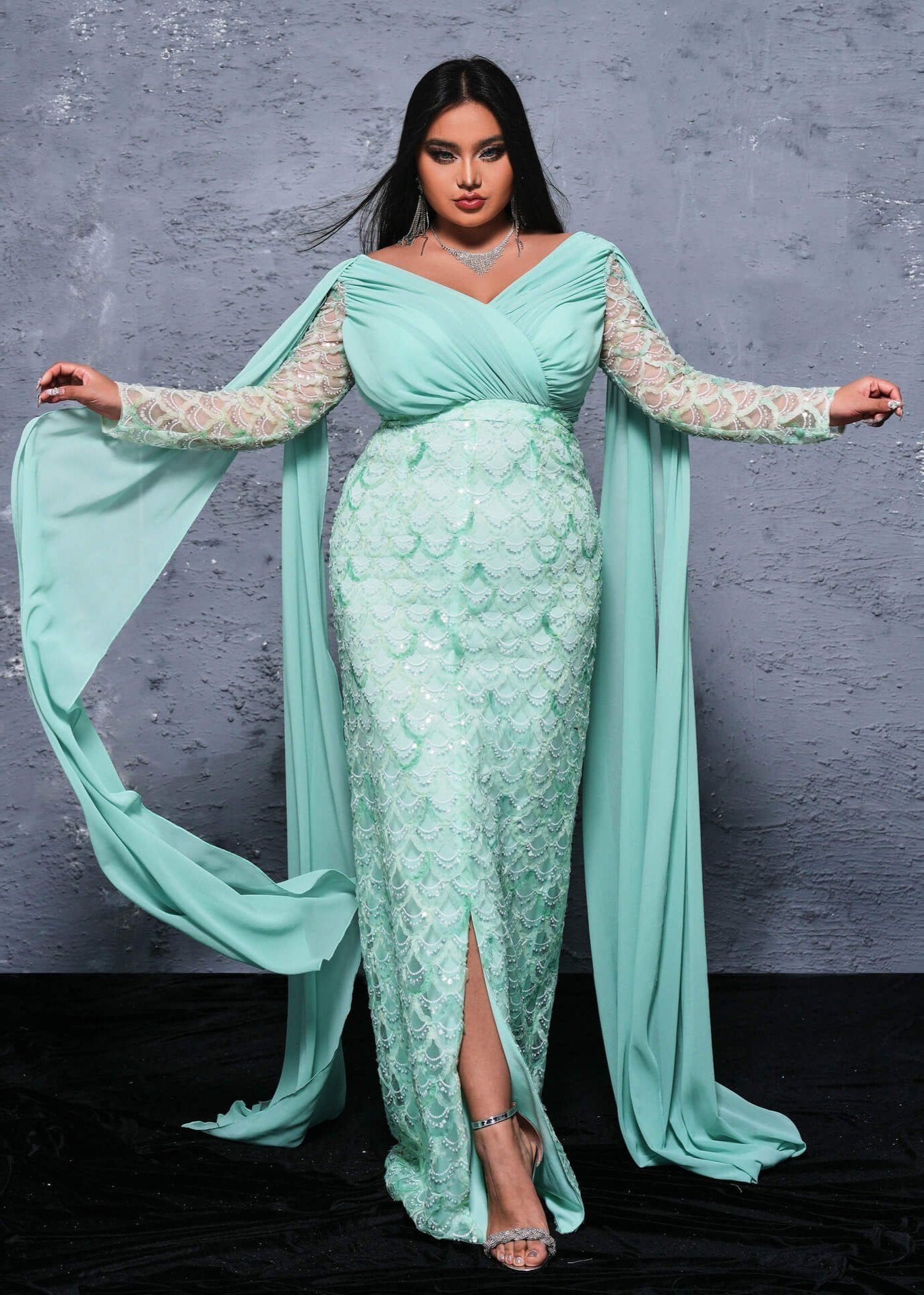 Sea Breeze Elegant Sequined Chiffon Plus Size Dress