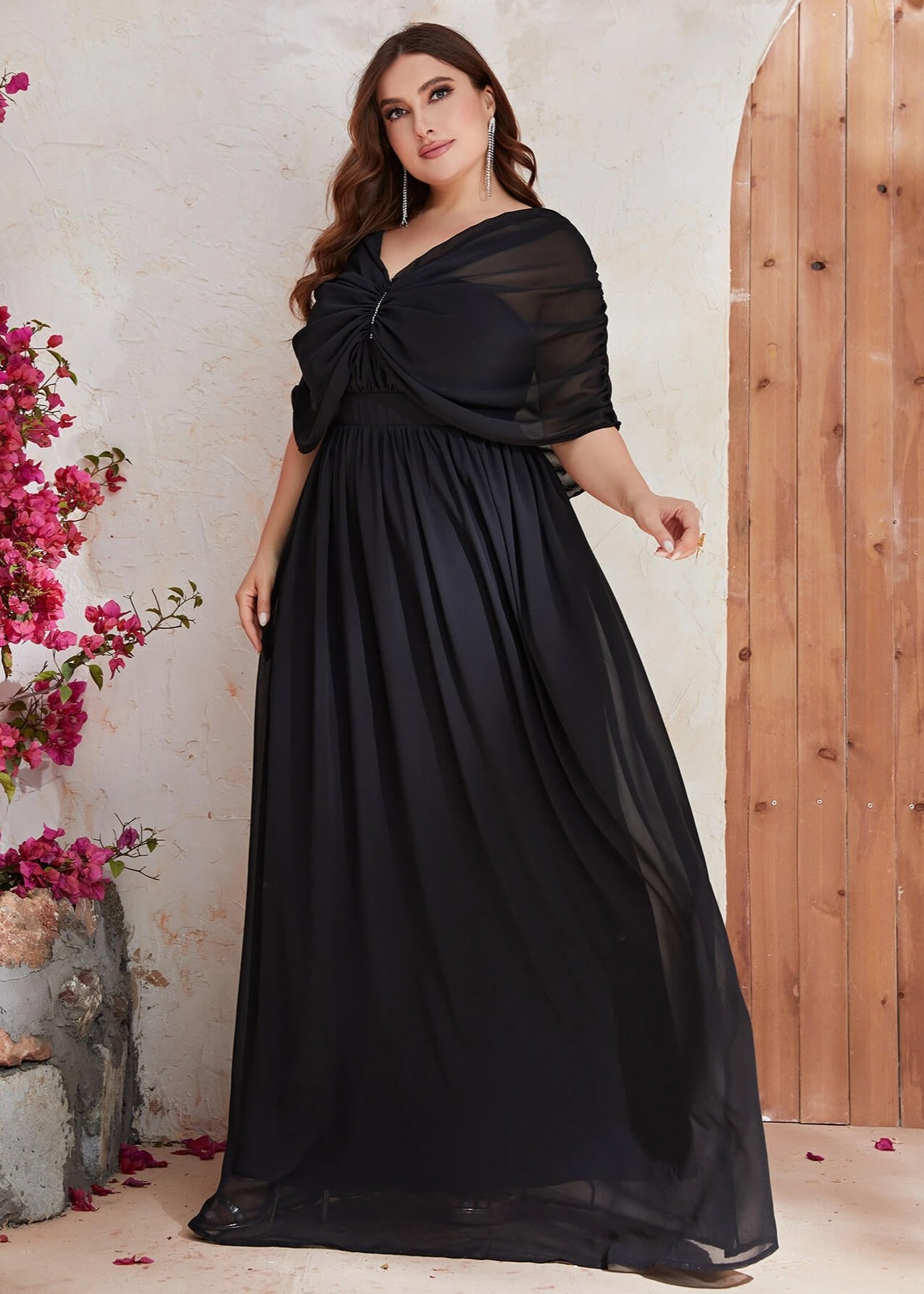 Plus size black chiffon shoulder evening dress