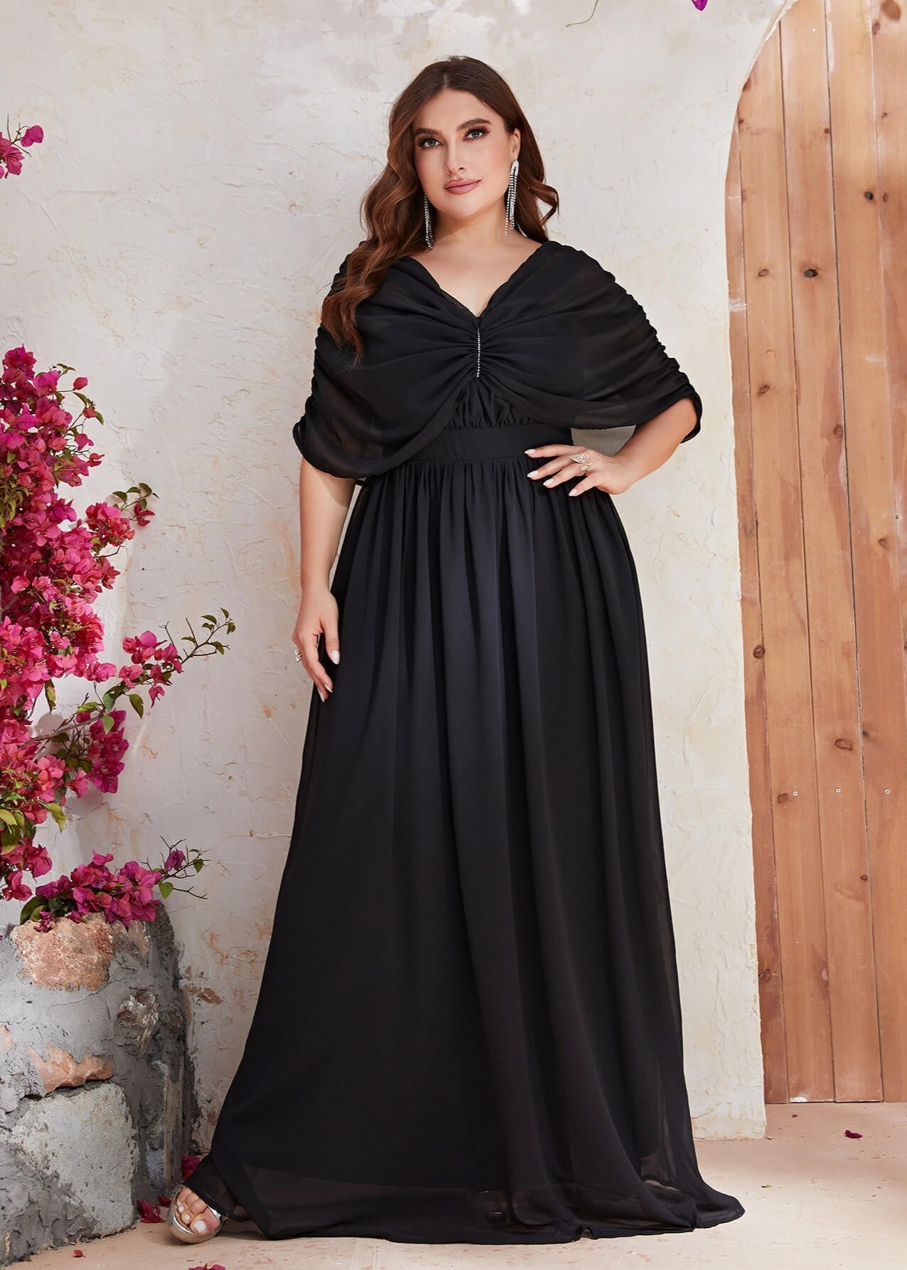 Plus size black chiffon shoulder evening dress