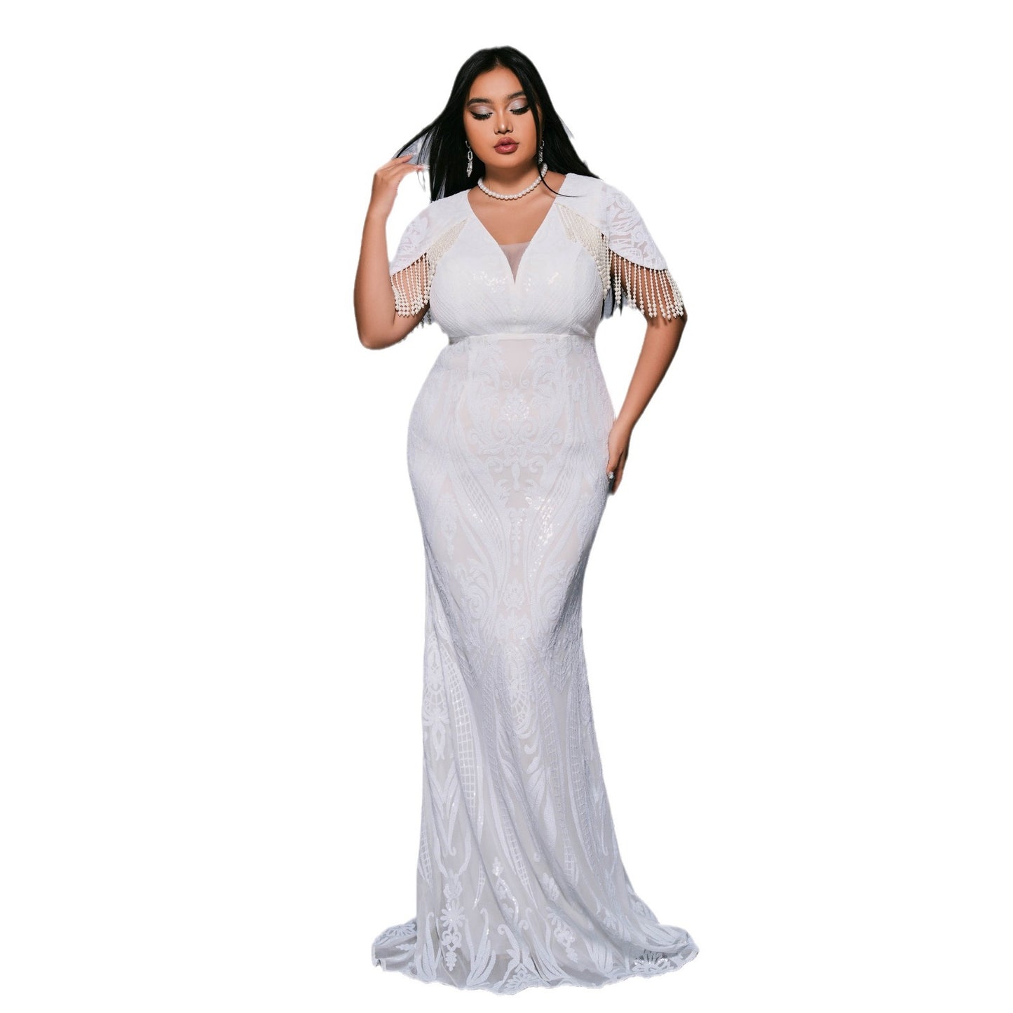 Plus V-Neck Pearl White Mermaid Dress