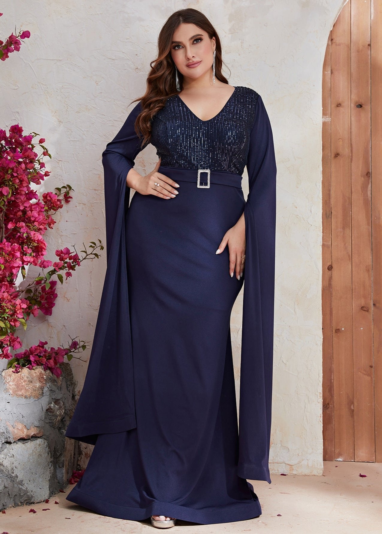 Long Sleeve Blue Sequined Plus Size Dress