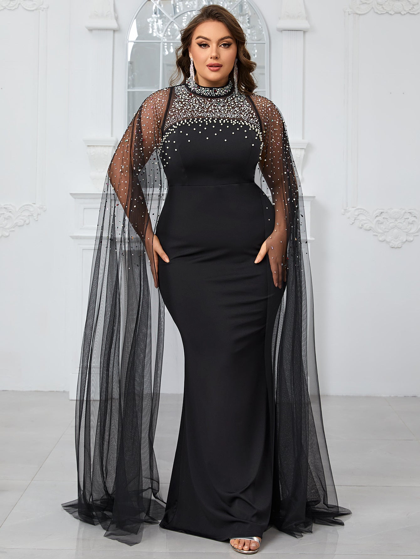 Plus Size With Beaded Rhinestone Embellishment  Gown