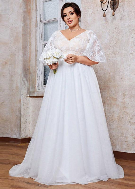 Plus-size Butterfly Sleeve Long White Lace Tulle Dress