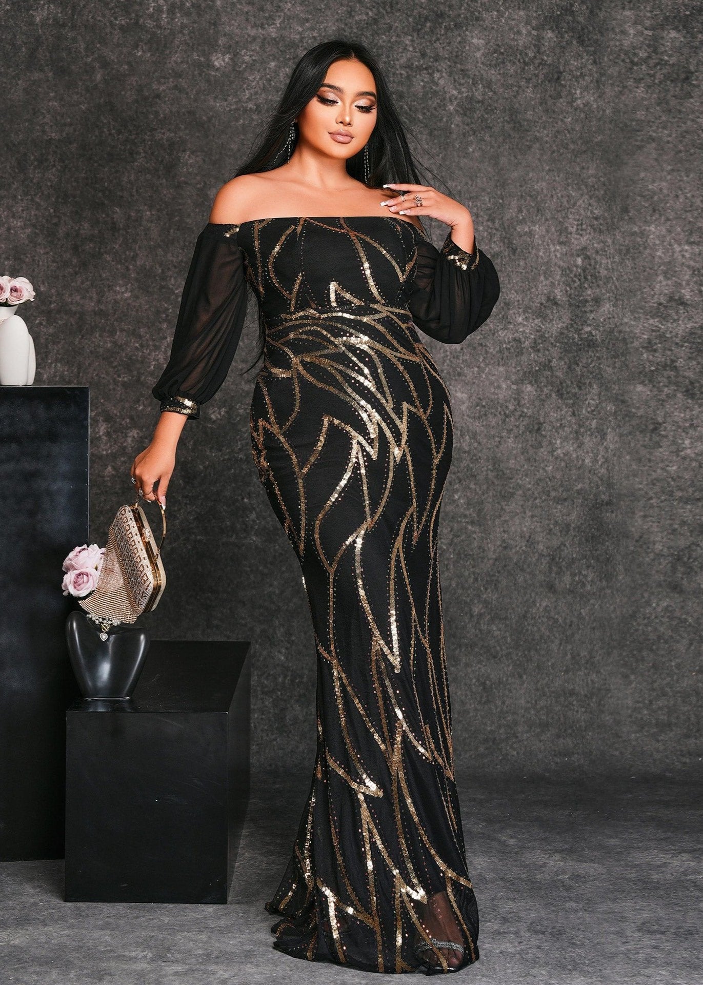 Gold Line Off shoulder Sequined Plus Size Dress