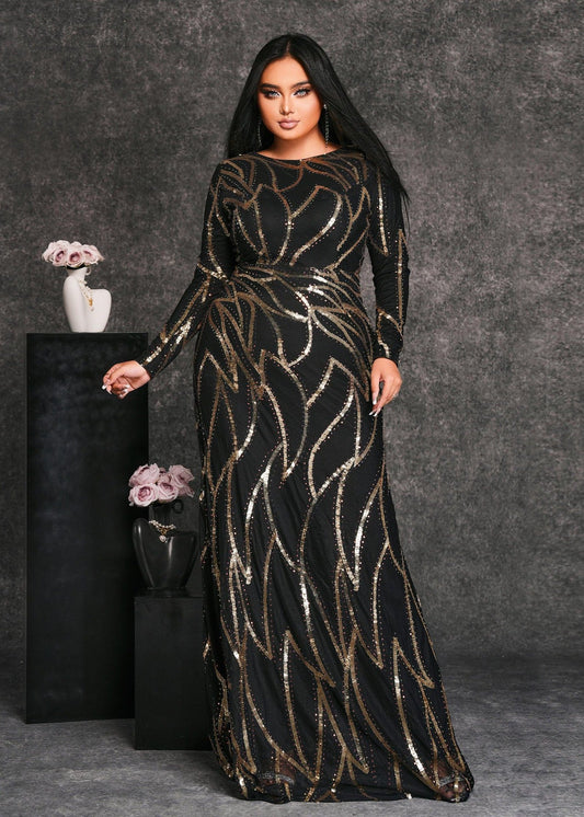 Golden Glamour Midnight Black Sequined Plus Size Gown