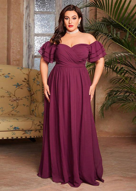 Regal Plum Off-Shoulder Plus Size Evening Gown