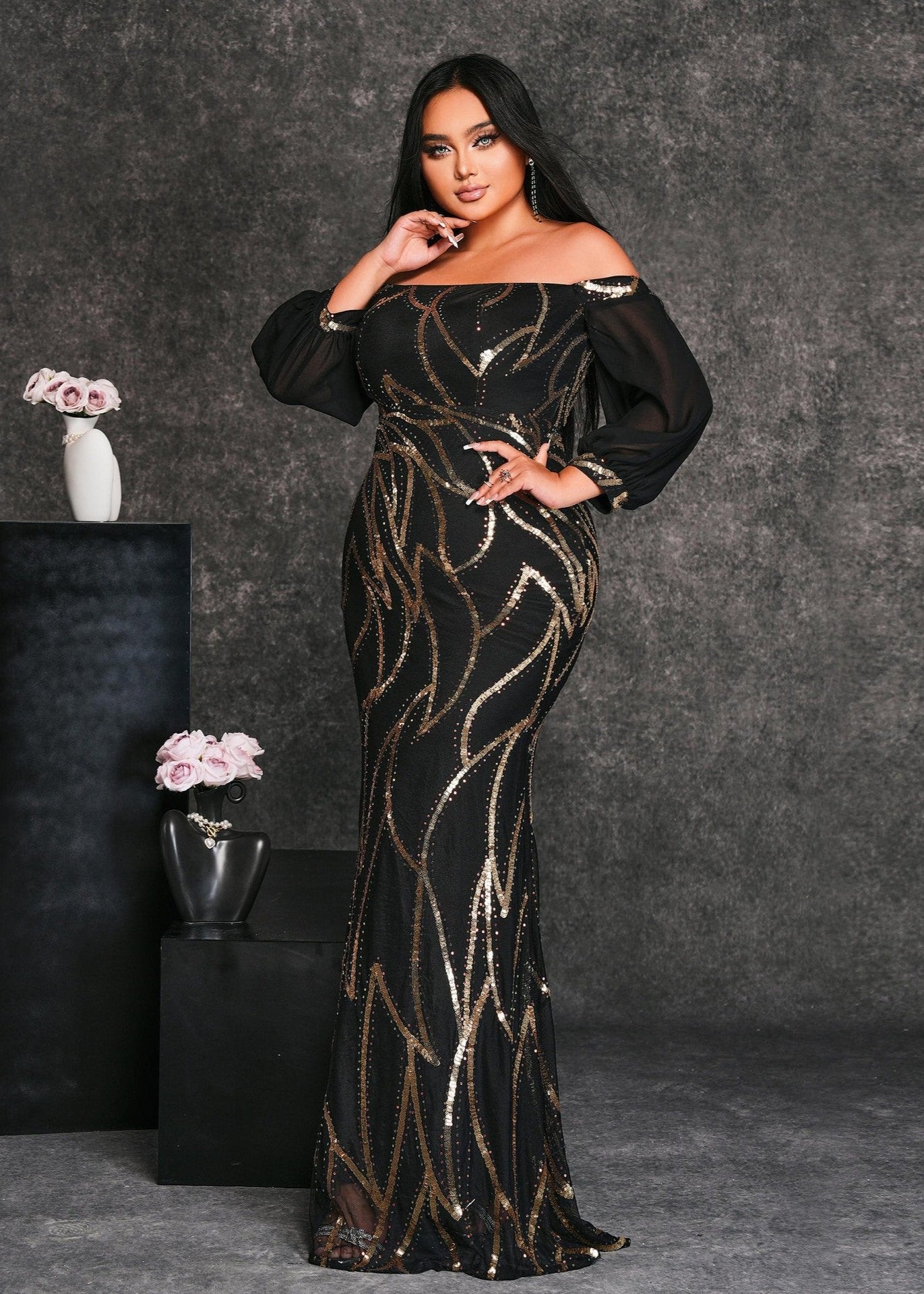 Gold Line Off shoulder Sequined Plus Size Dress