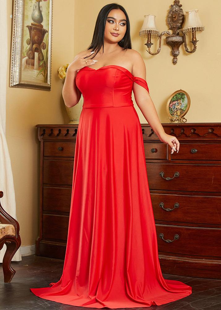 Plus-size Radiant Red Off-Shoulder Flowing Gown