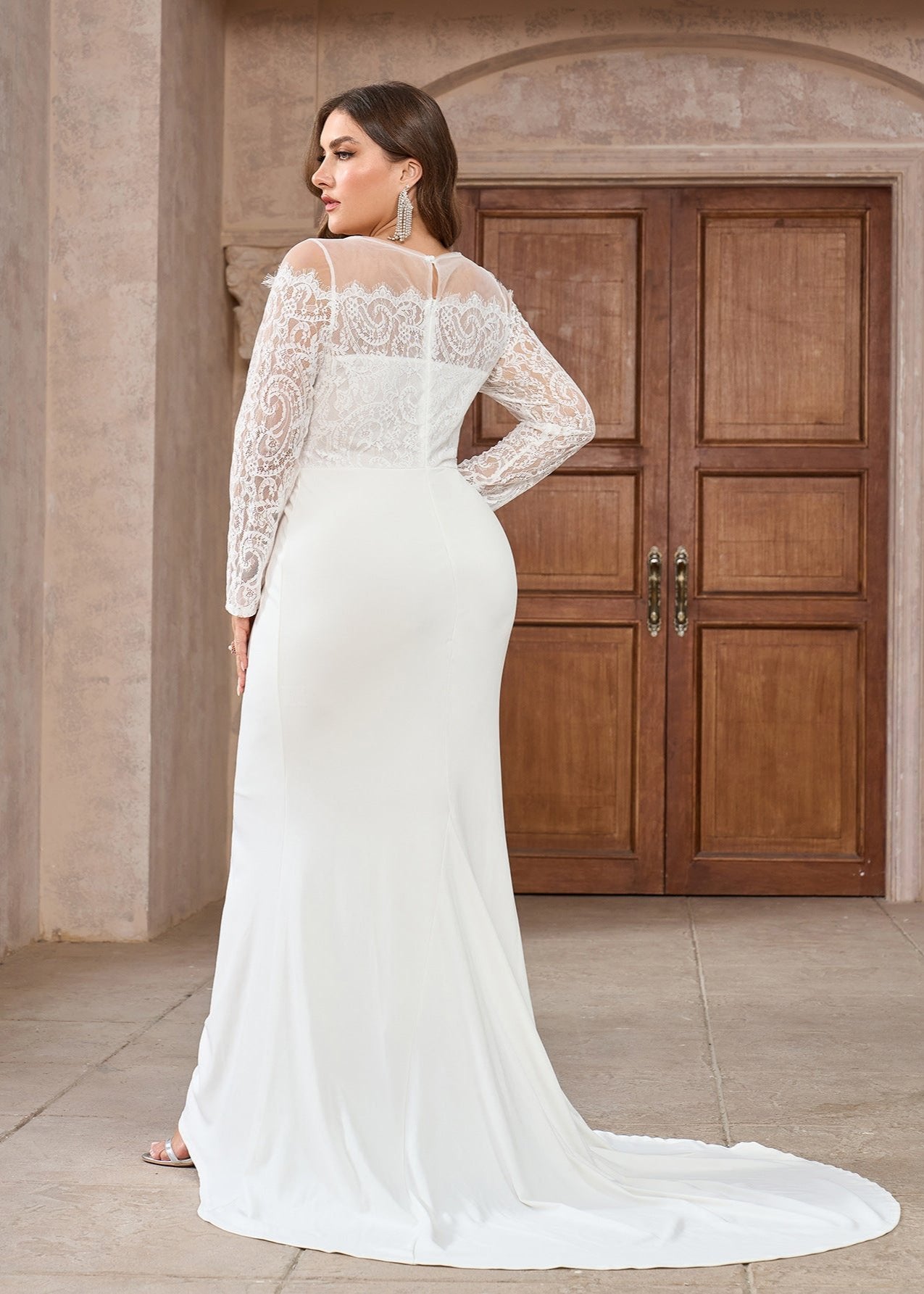 Long-Sleeve Lace Bodice Plus Size Bridal Gown