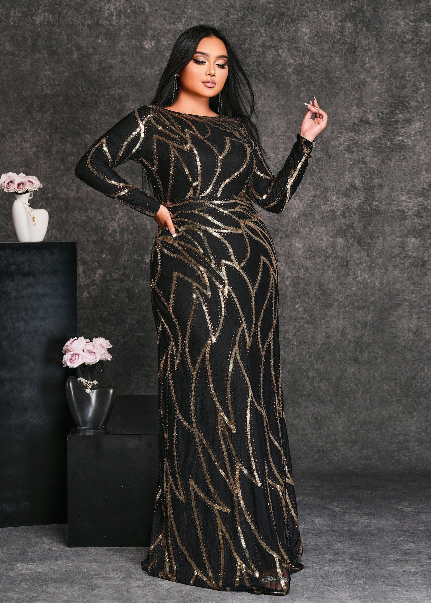 Golden Glamour Midnight Black Sequined Plus Size Gown