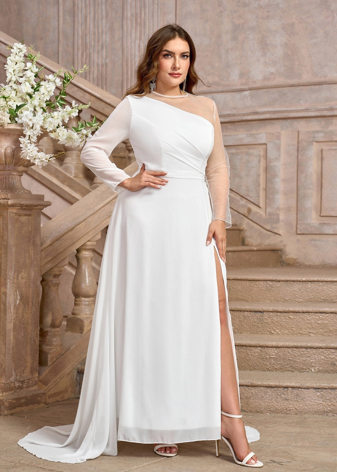 Elegant One Shoulder Tulle Plus Size Wedding Dress