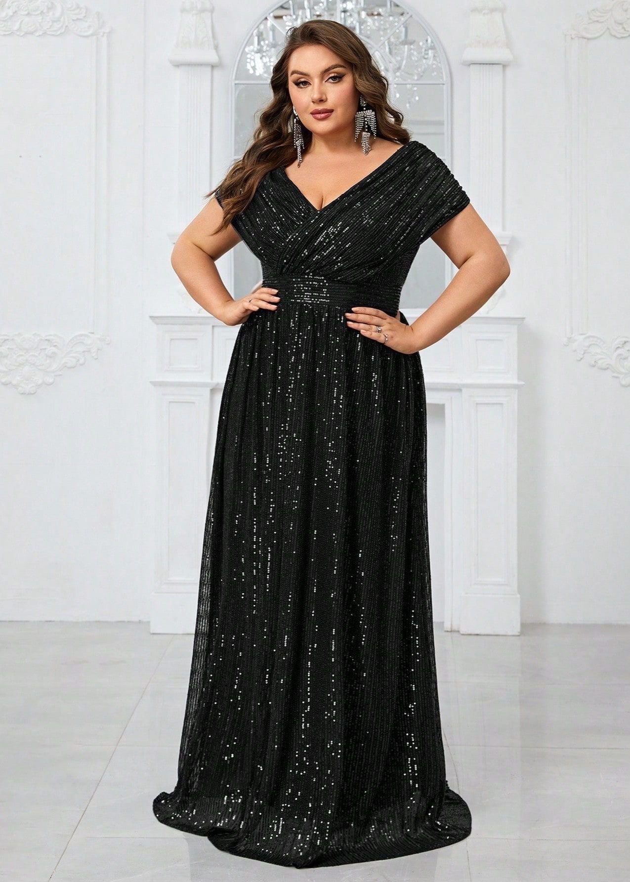 Midnight Sparkle Deep V Sequin Plus Size Gown