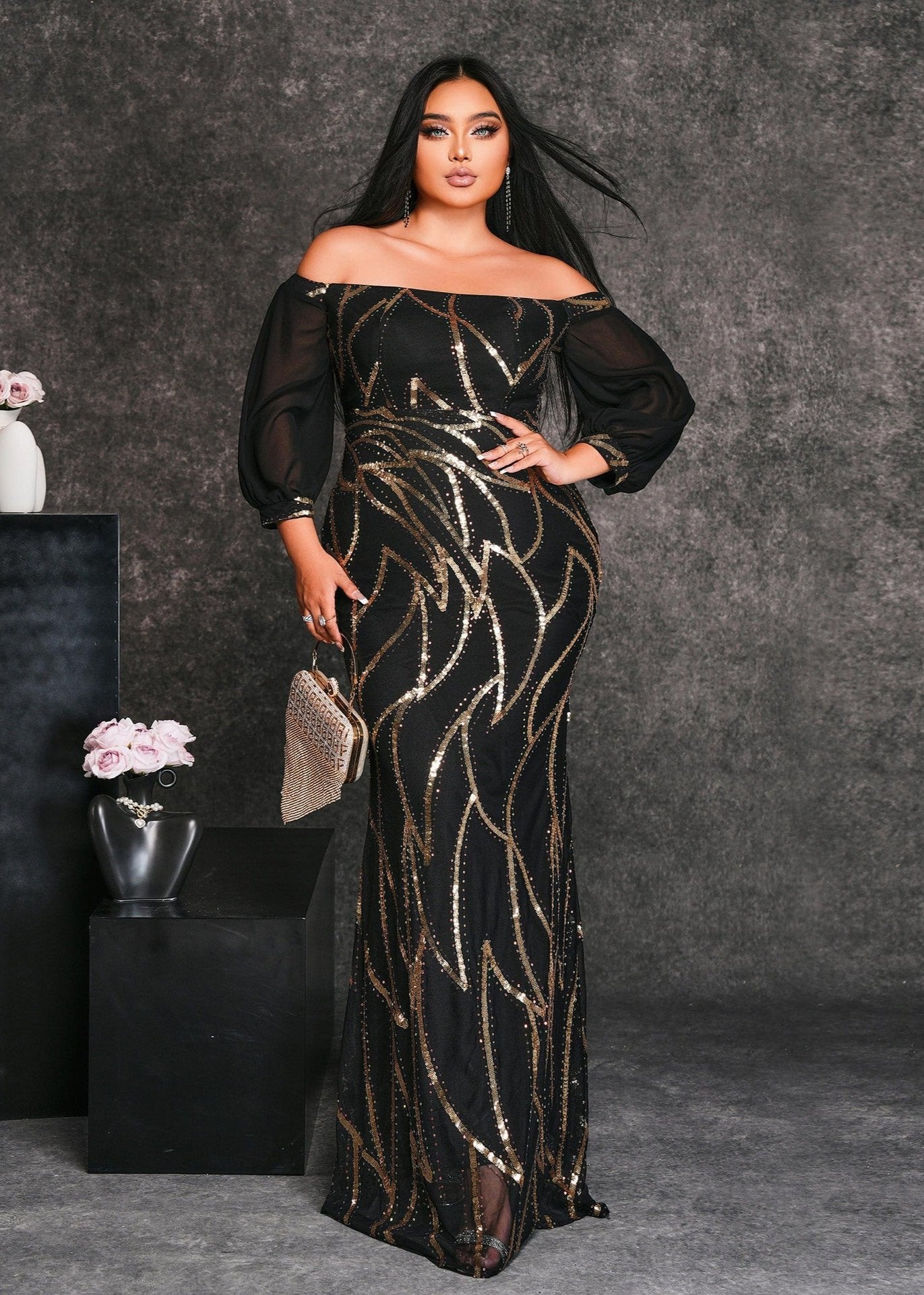 Gold Line Off shoulder Sequined Plus Size Dress