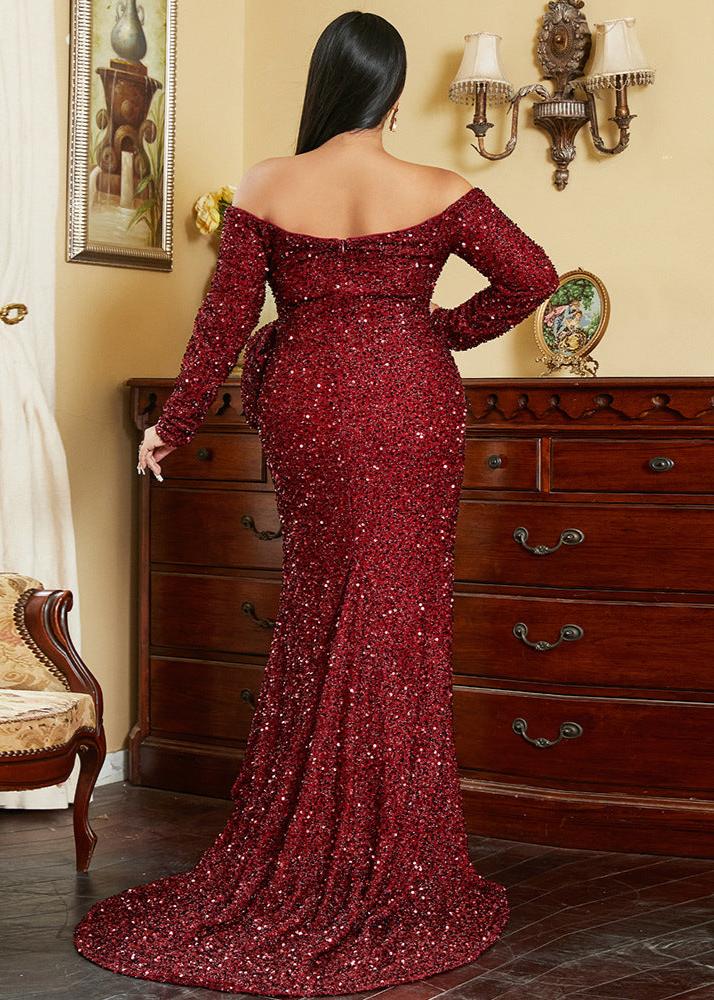 Plus Off-Shoulder Sequin Gown with Thigh-High Slit