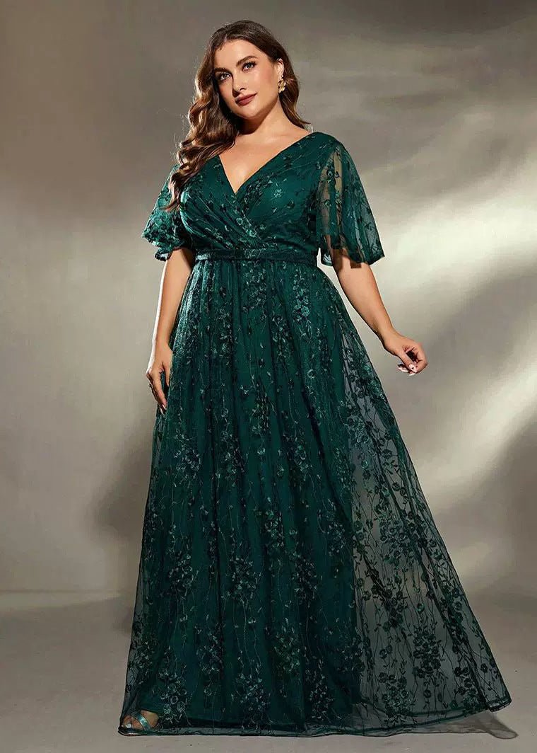 Plus Lace Overlay Sapphire Green Evening Dress