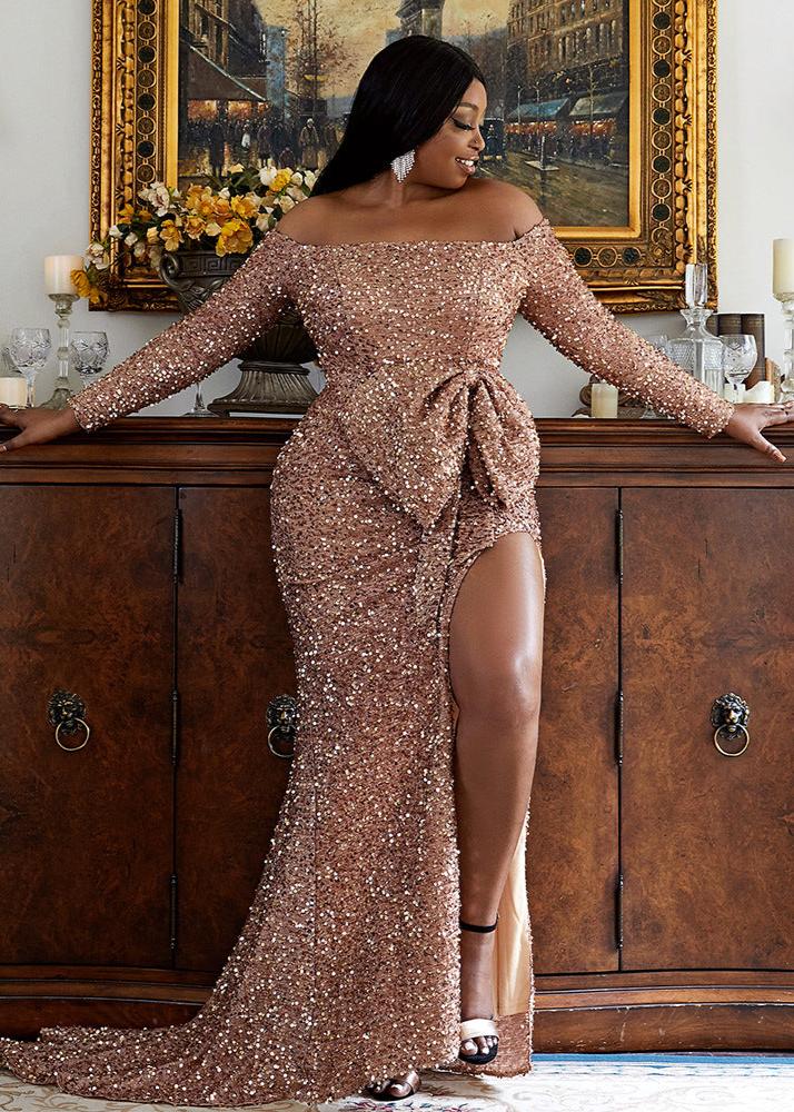 Plus Off-Shoulder Sequin Gown with Thigh-High Slit