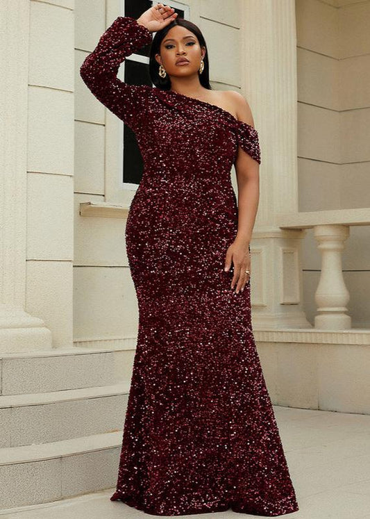 One-sleeve off-the-shoulder sequin plus size gown