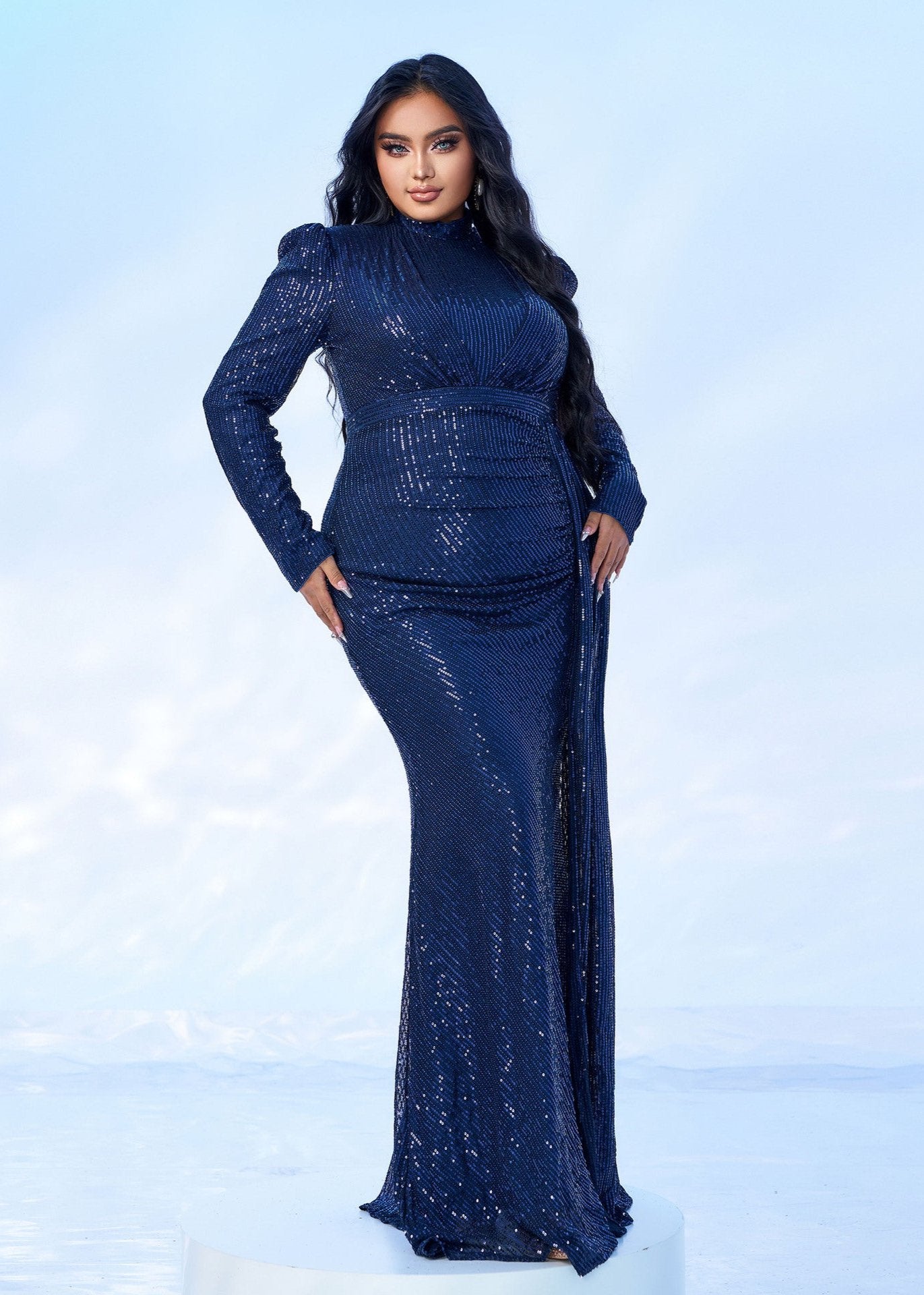 Midnight Shimmer Blue Sequin Plus Size Gown