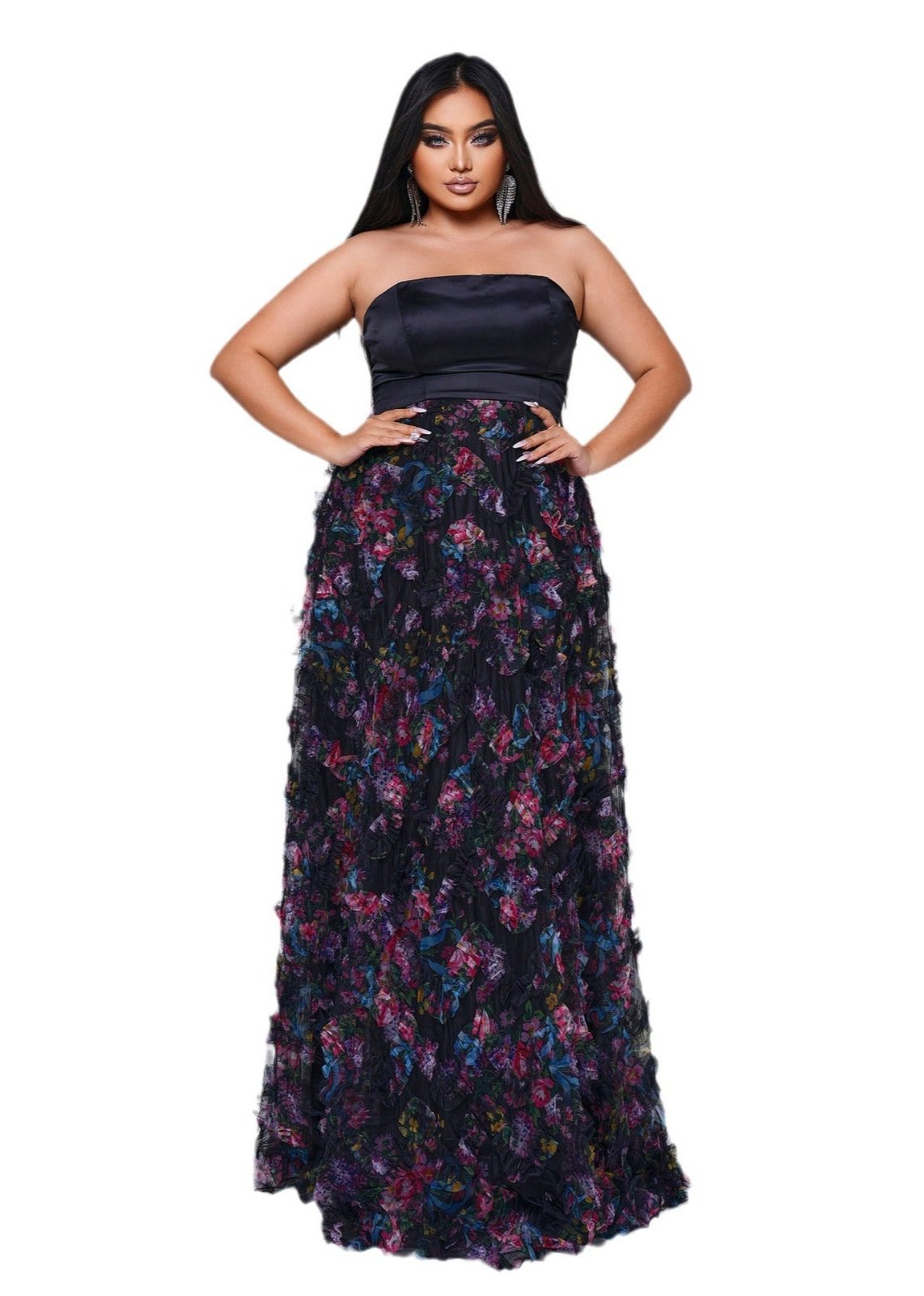 Plus-size Strapless Floral Embellished Gown