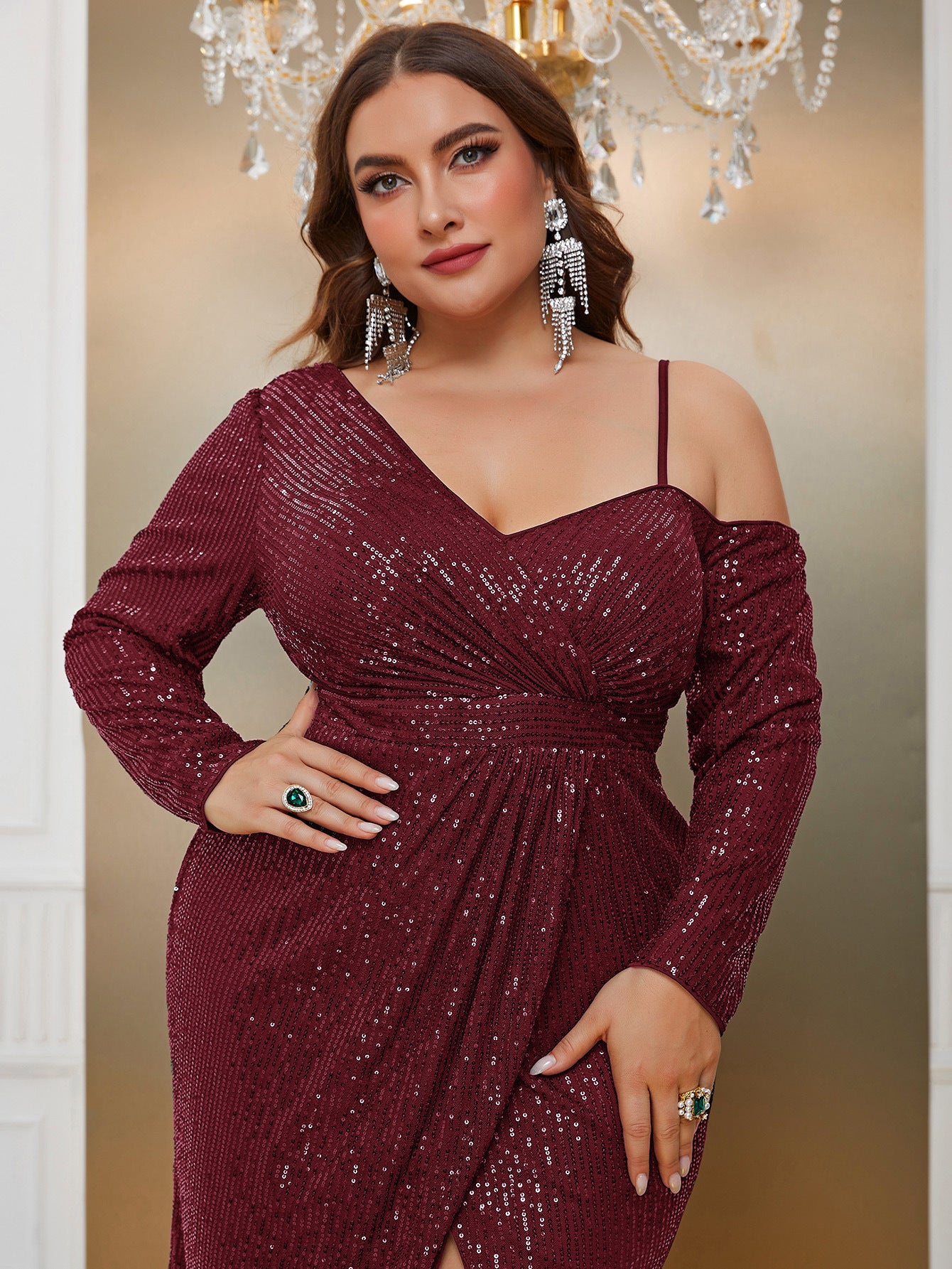 Elegance Sequin Plus Size Gown with High Slit