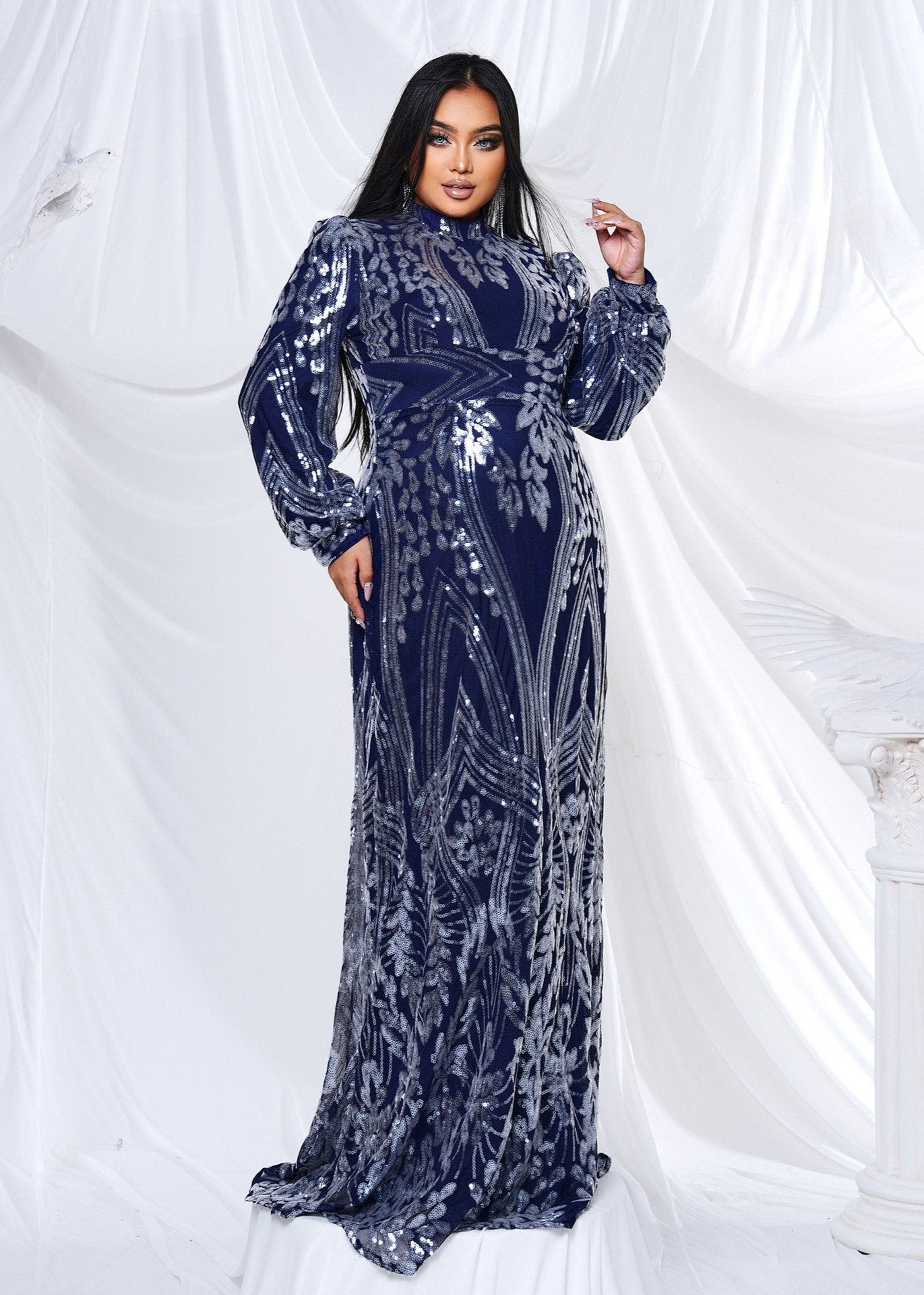 Regal Radiance Exquisite Navy Sequin Plus Size Gown