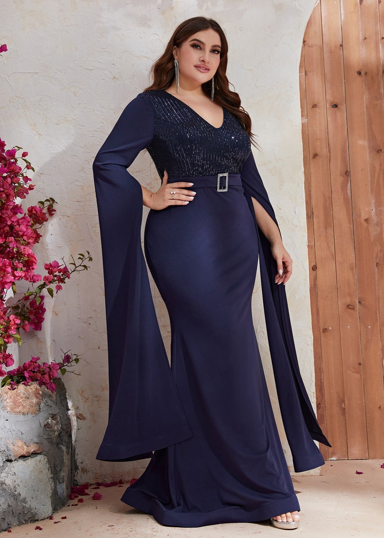 Long Sleeve Blue Sequined Plus Size Dress