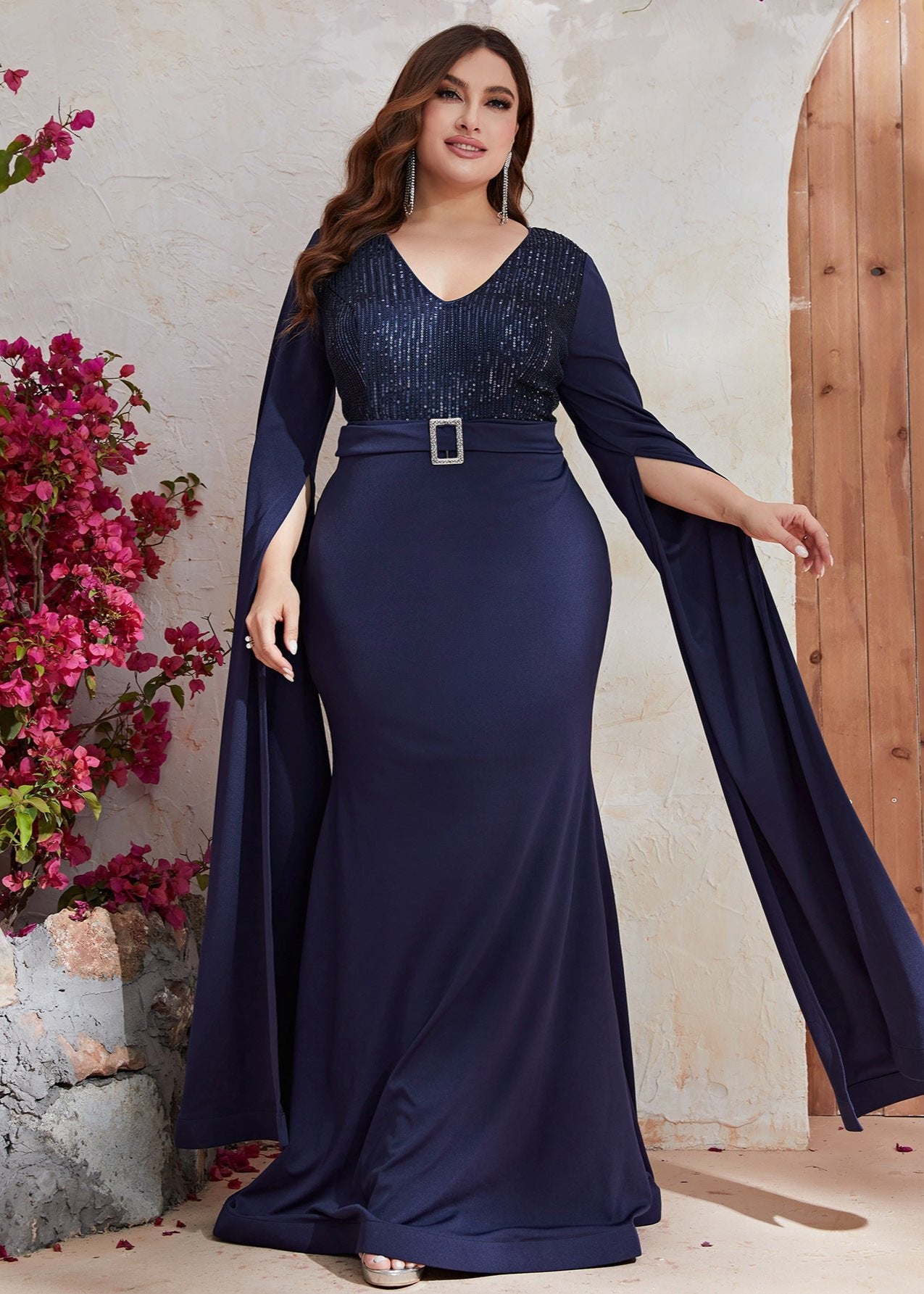 Long Sleeve Blue Sequined Plus Size Dress