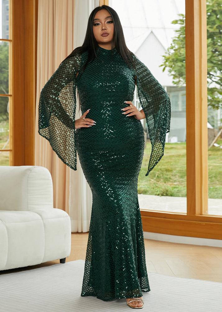 Plus Mermaid Sequin Long Sleeve Evening Dress