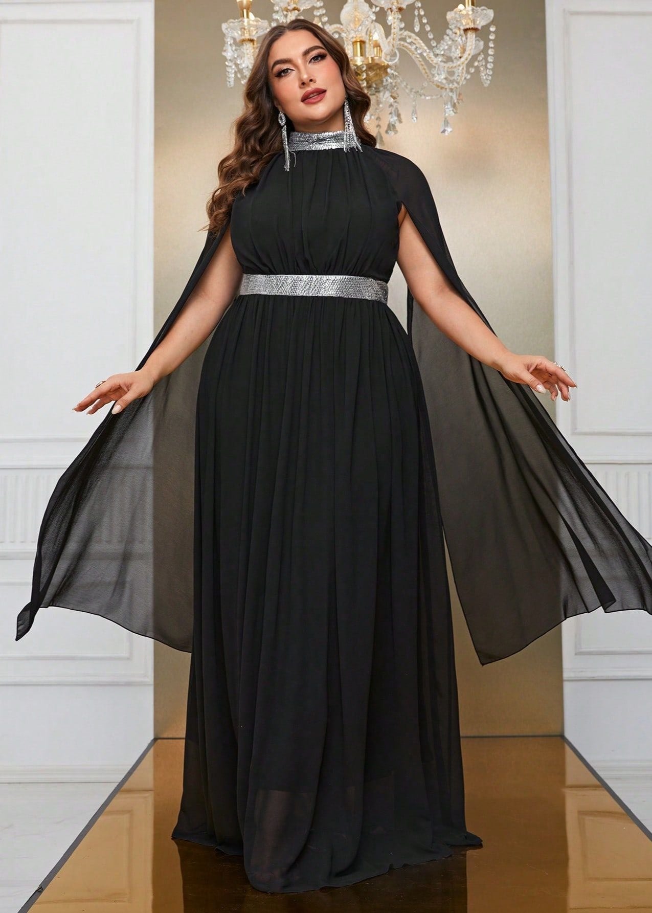 Plus-Size Sequin Spliced Chiffon Cape Party Evening Dress