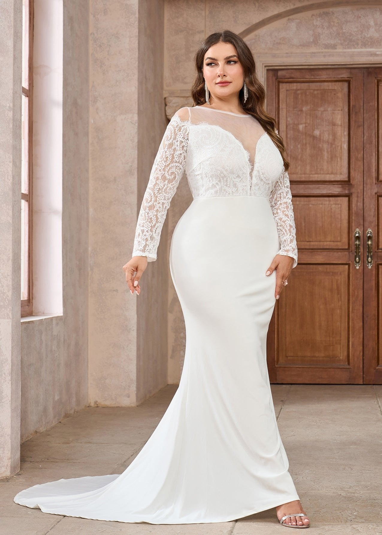 Long-Sleeve Lace Bodice Plus Size Bridal Gown