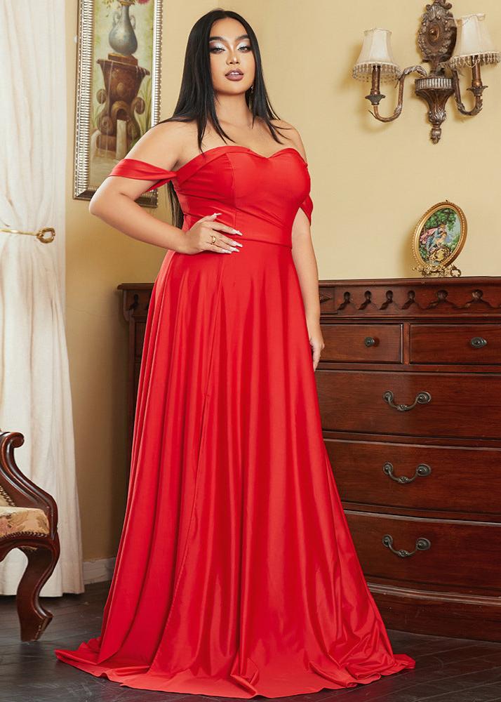 Plus-size Radiant Red Off-Shoulder Flowing Gown