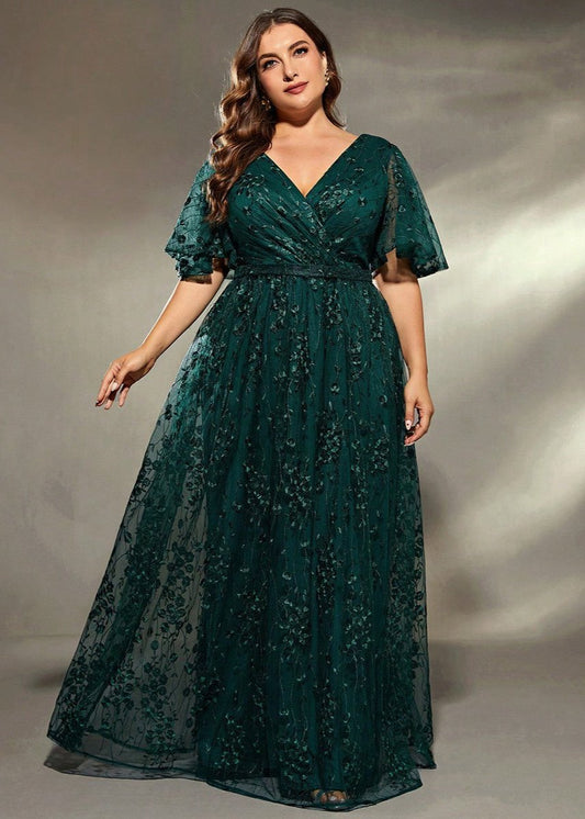 Plus Lace Overlay Sapphire Green Evening Dress