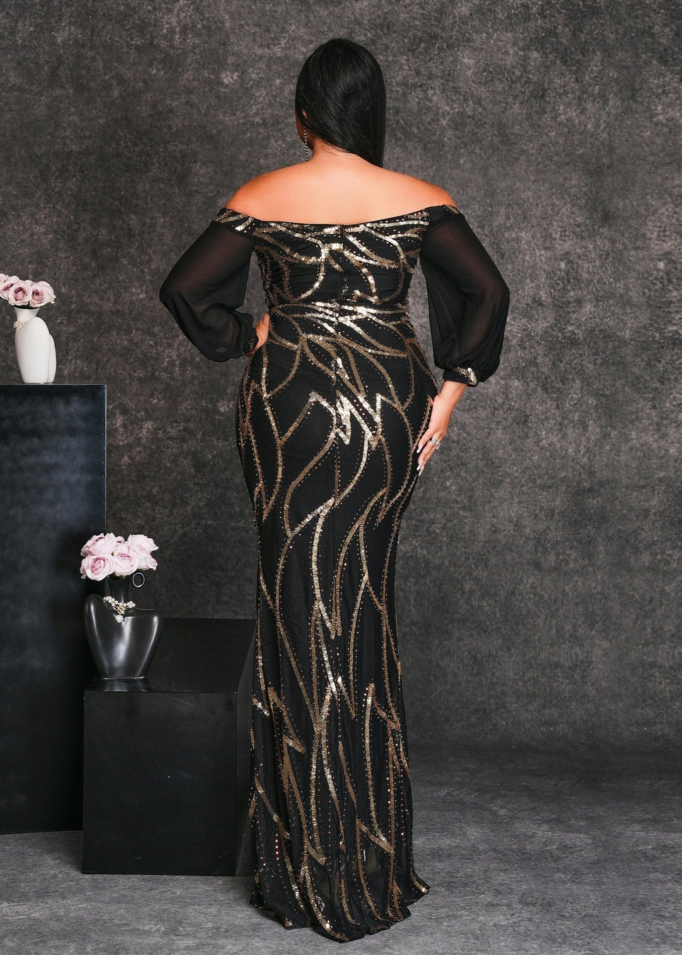 Gold Line Off shoulder Sequined Plus Size Dress