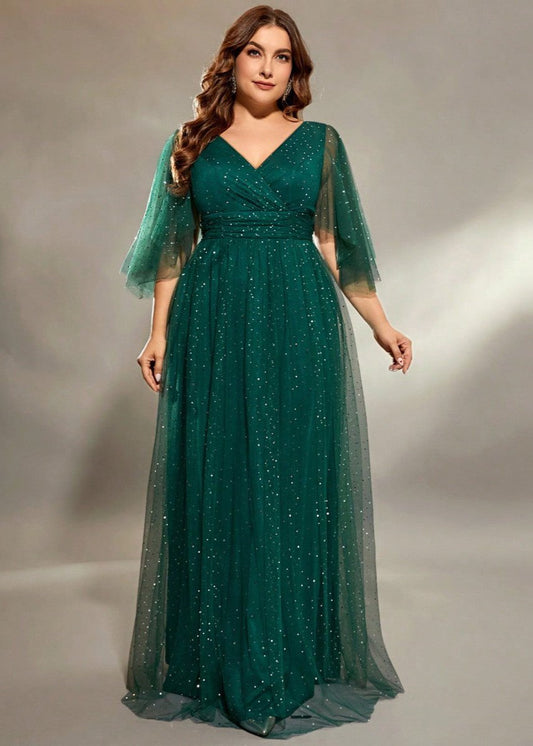 Plus Magic Emerald Tulle V-Neck Dress