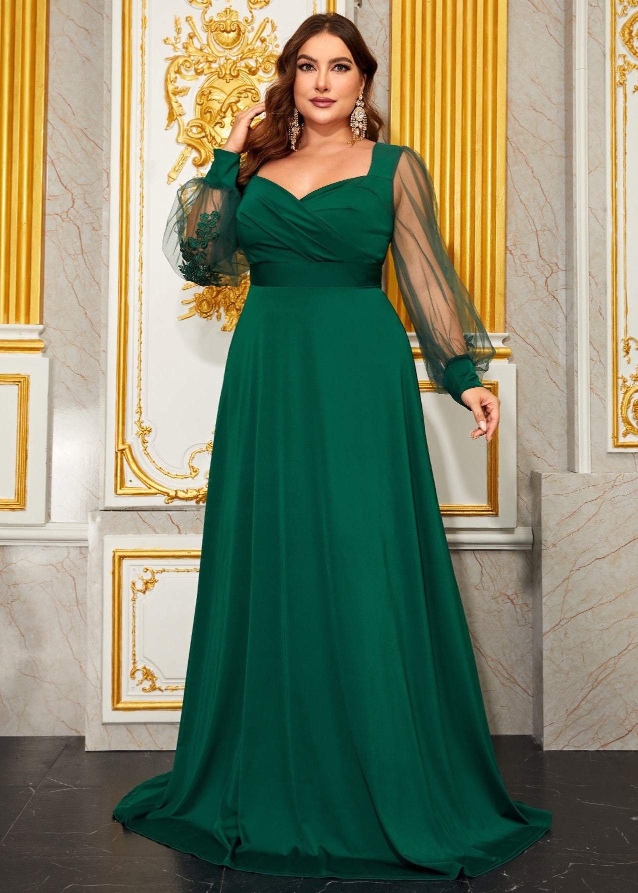 Enchantment Sheer Sleeve Plus Size Gown