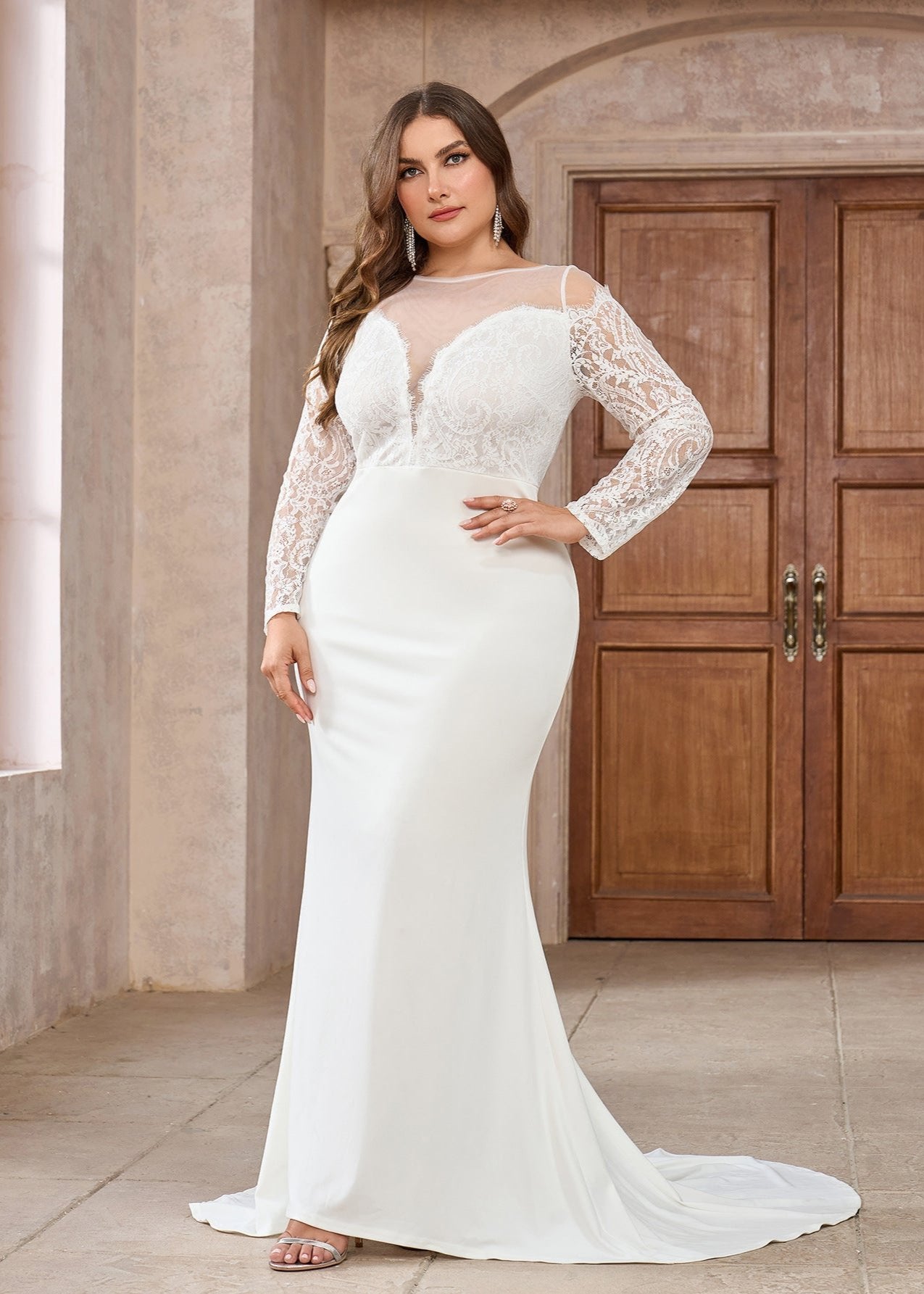 Long-Sleeve Lace Bodice Plus Size Bridal Gown