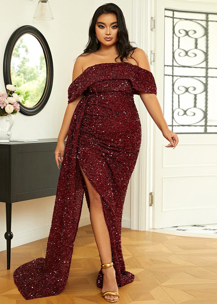 Plus-Size Sequined  Tail-Length Slit Dress With Tail Design