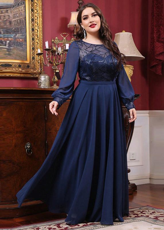 Royal Blue Regalia Long Sleeve Plus Size Gown