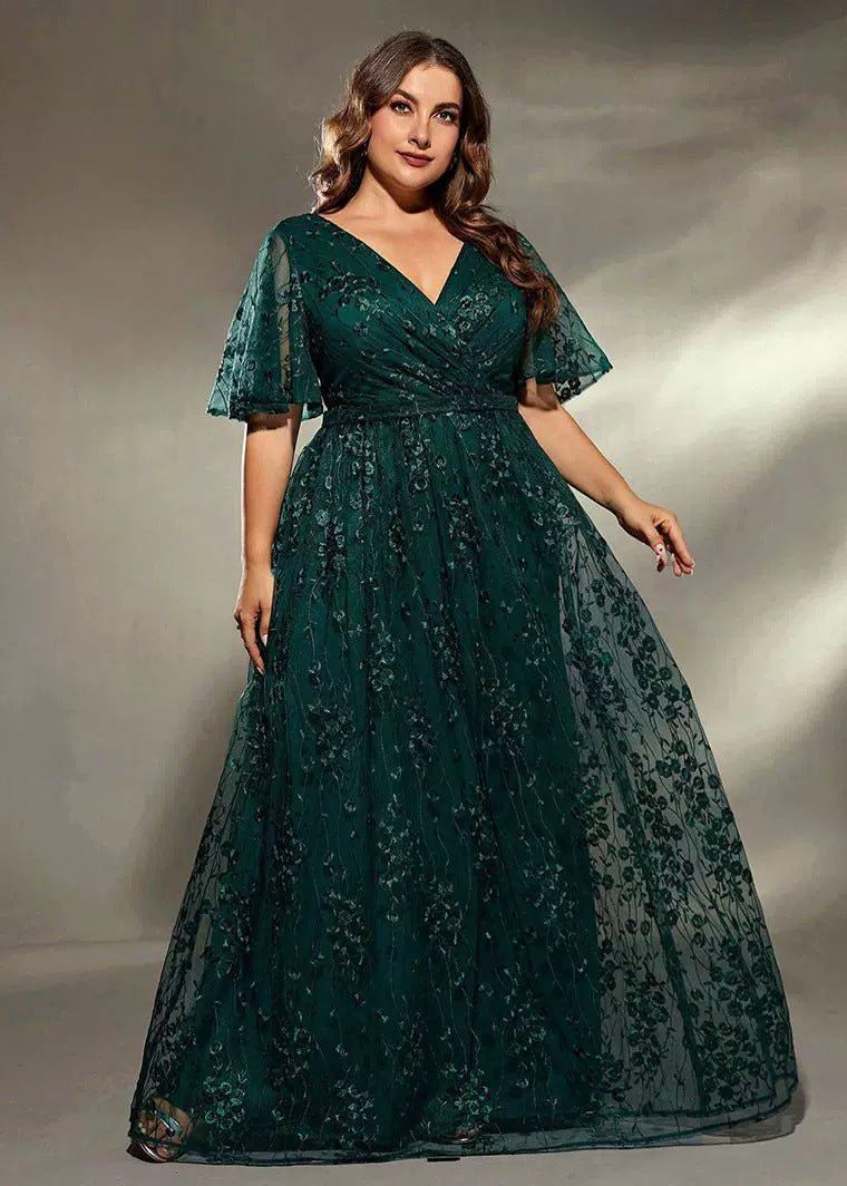 Plus Lace Overlay Sapphire Green Evening Dress