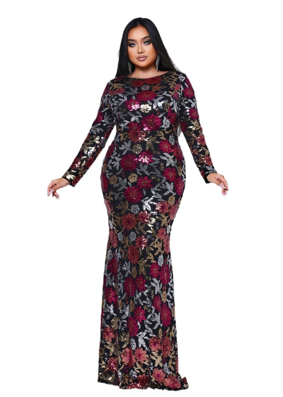 Plus-size Crew Neck Floral Sequin Dres