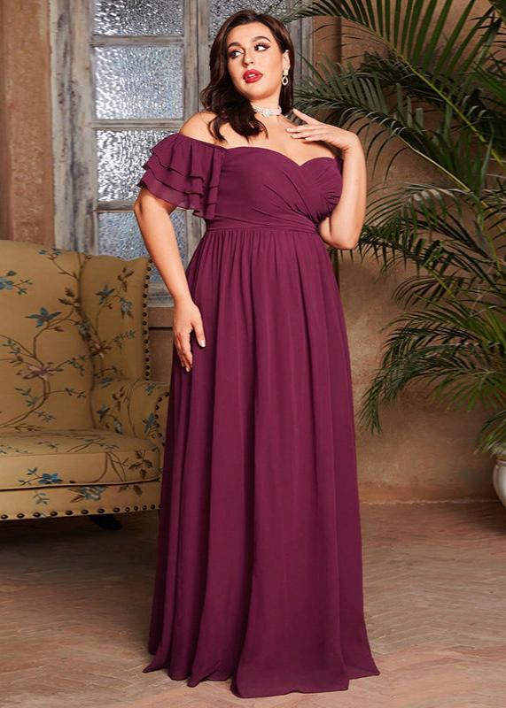 Regal Plum Off-Shoulder Plus Size Evening Gown