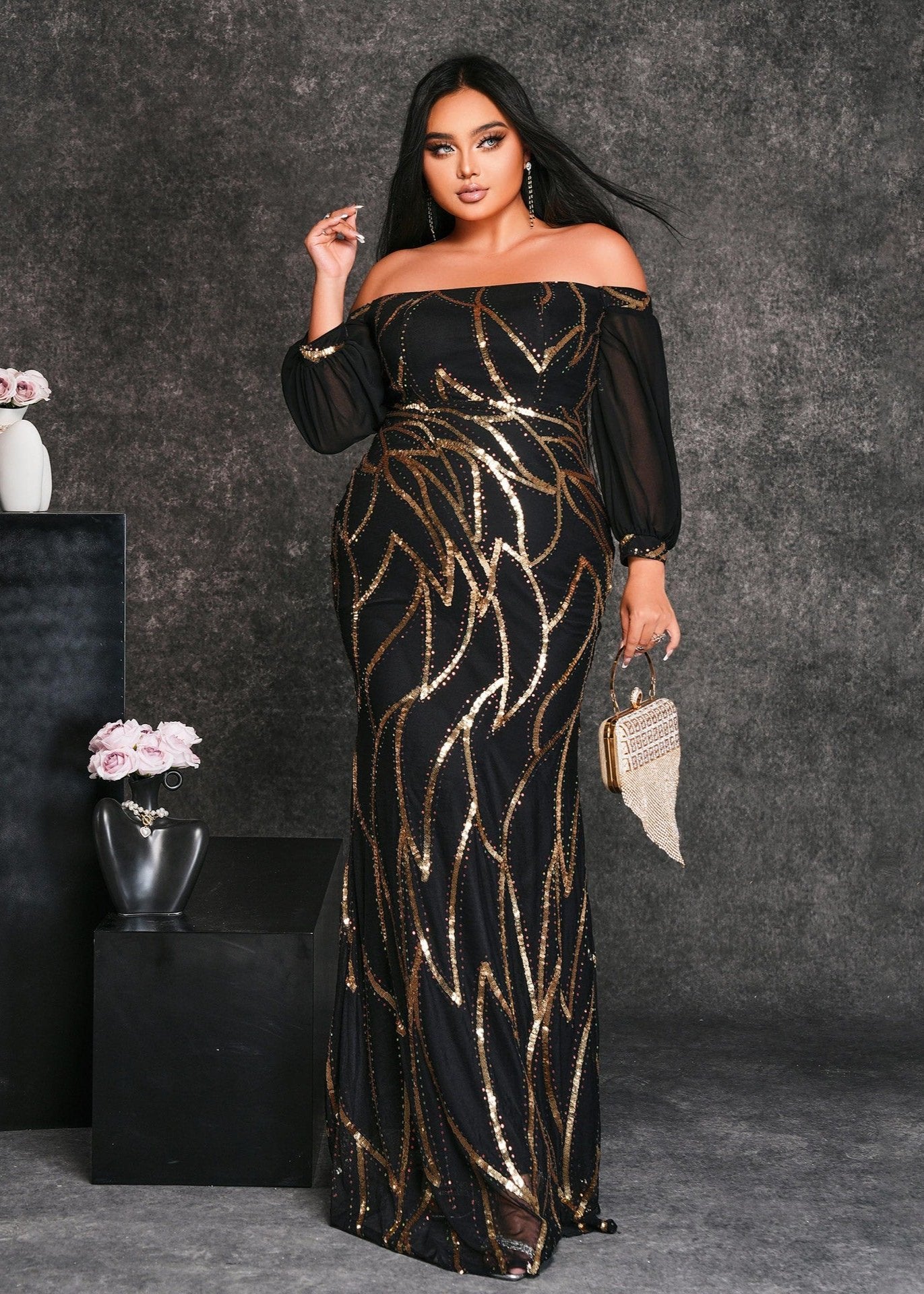 Gold Line Off shoulder Sequined Plus Size Dress