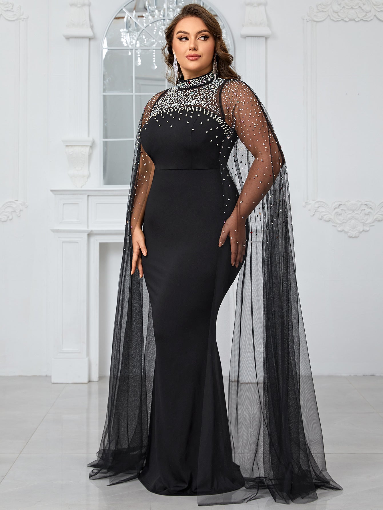 Plus Size With Beaded Rhinestone Embellishment  Gown