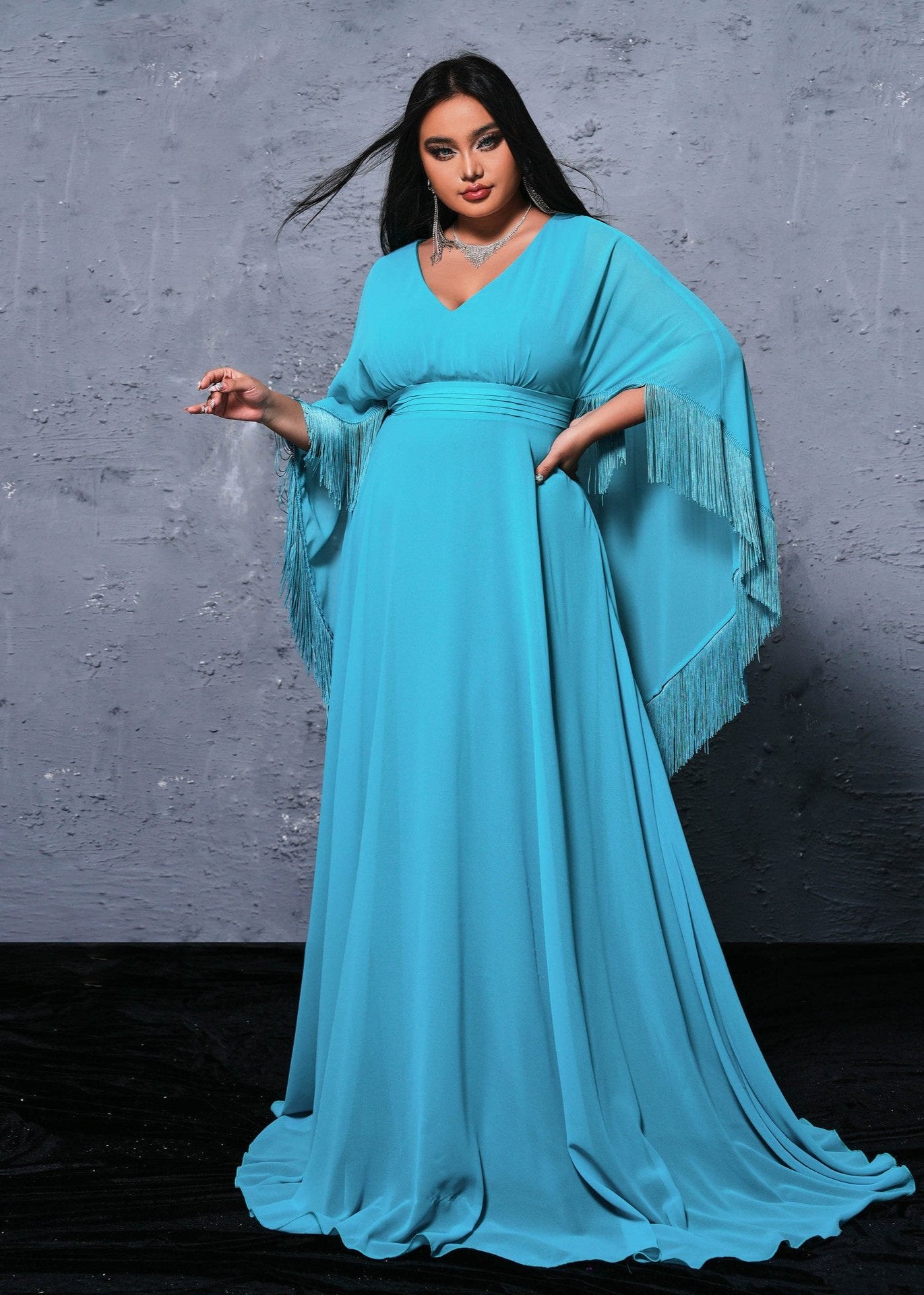 Serene Elegance Plus Size Fringed Gown