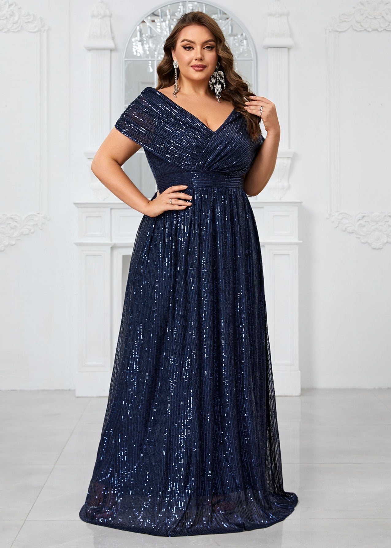 Midnight Sparkle Deep V Sequin Plus Size Gown